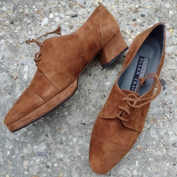 Vintage Ellen Tracy Italy Brown Suede Oxford Heel Shoes 10M NWOT Quiet Luxury - Picture 2 of 8